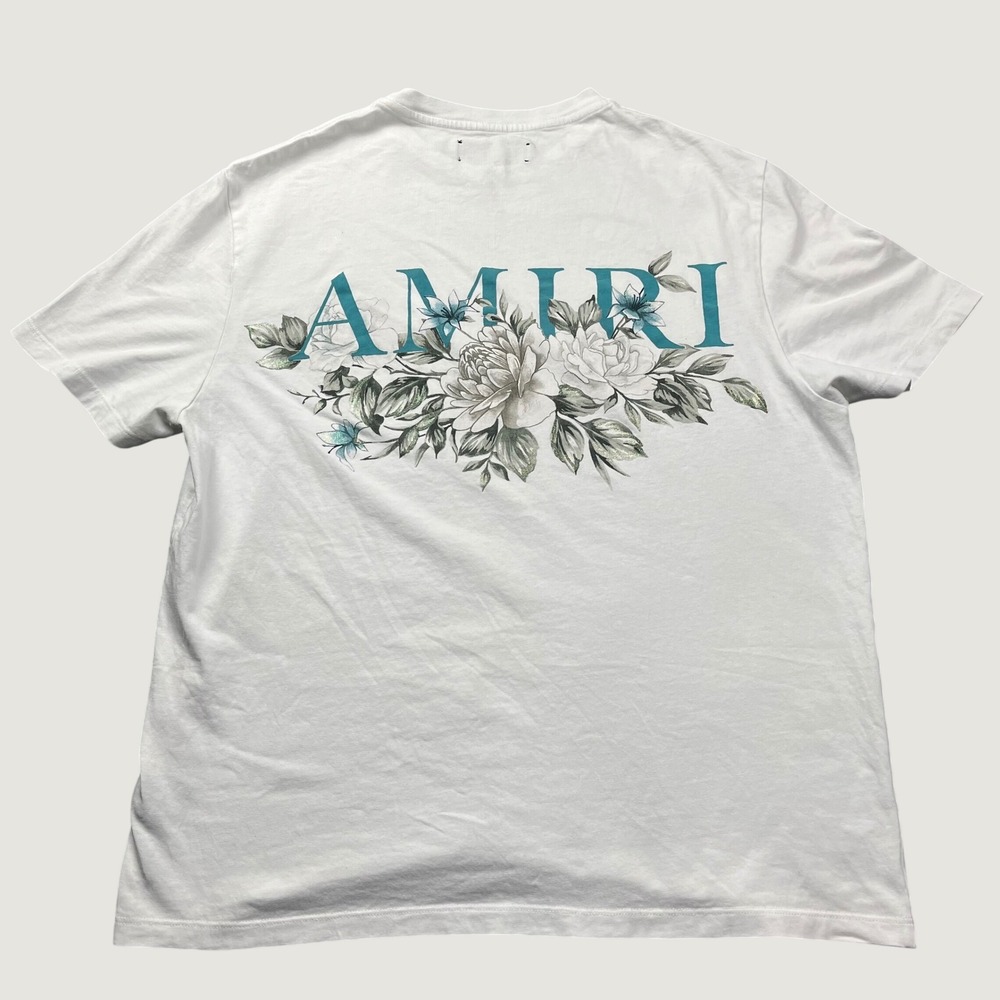 Amiri T-Shirt Mens White Floral Logo Graphic Luxury Streetwear Large Tee